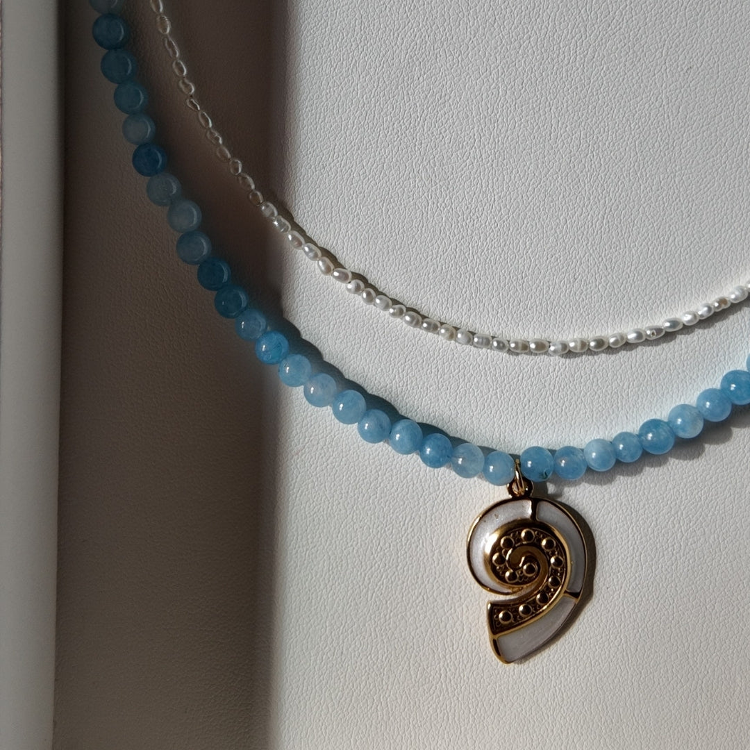 Aquamarine Necklace with Conch Shell Charm