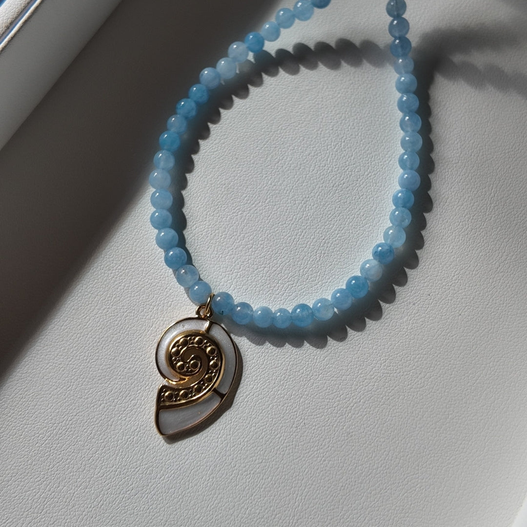 Aquamarine Necklace with Conch Shell Charm Vertical London Jewellery