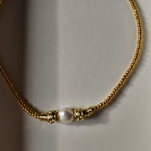Gold Beaded Necklace with Semi-Baroque Pearl Vertical London Jewellery