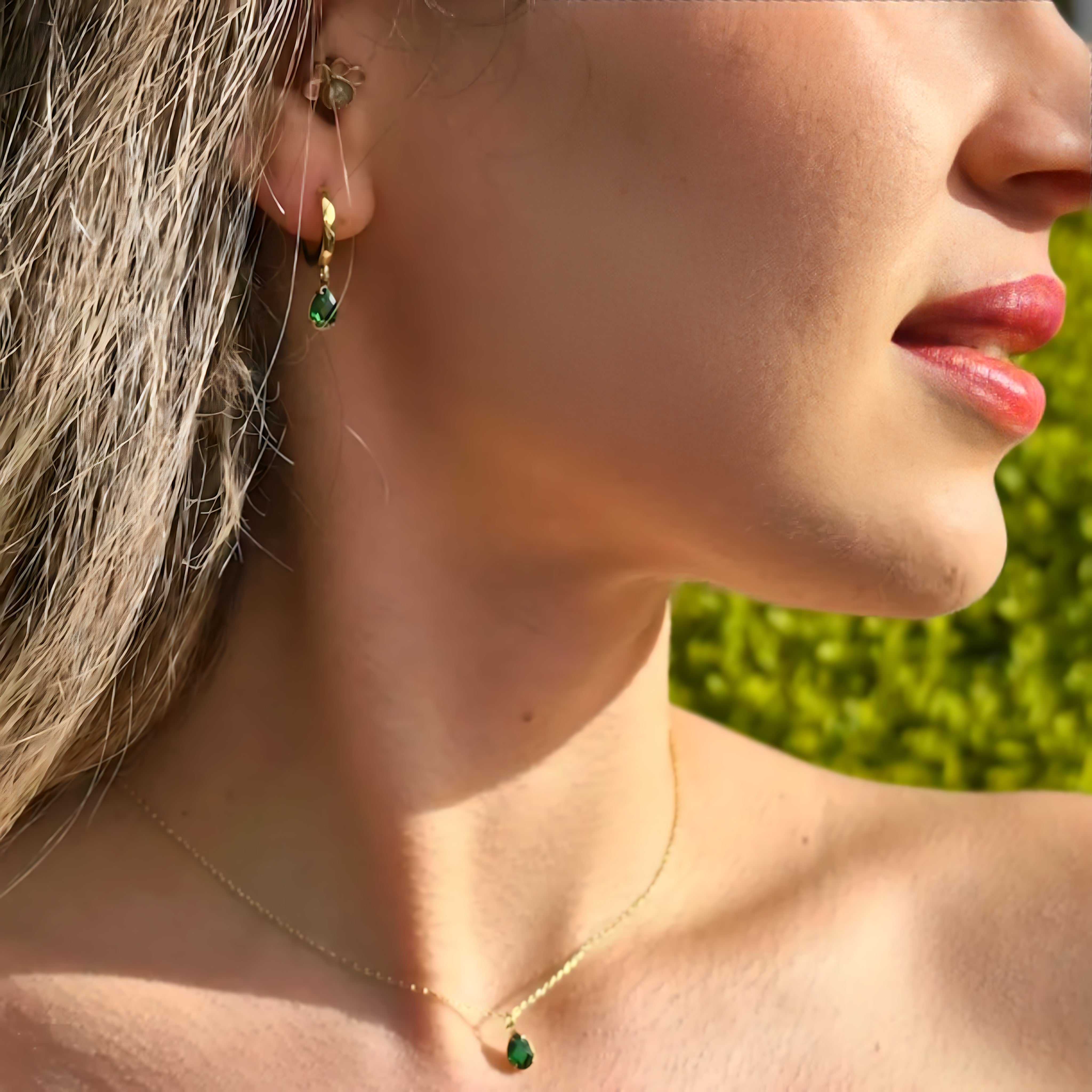 925 Sterling Silver May Birthstone Earrings-Emerald Hoop Earrings Vertical London Jewellery