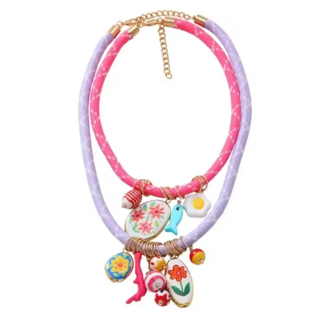 Colorful Summer Charm Necklace – Double Cord Statement Design Vertical London Jewellery