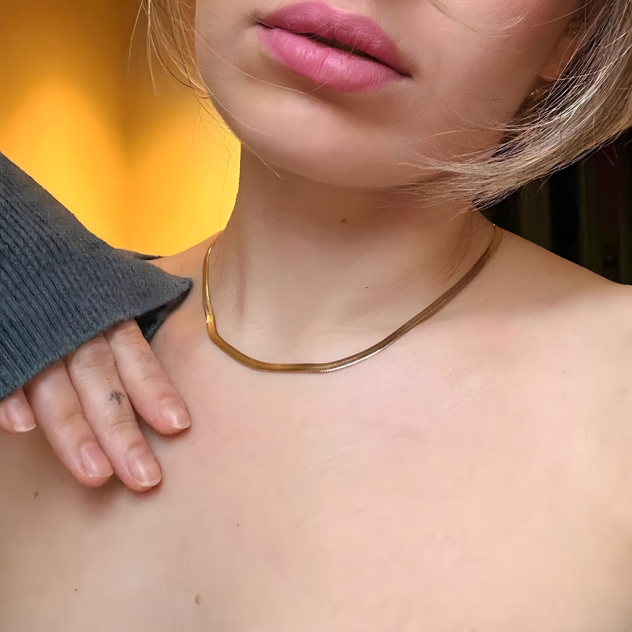 Gold Snake Chain Necklace-Herringbone Chain Vertical London Jewellery