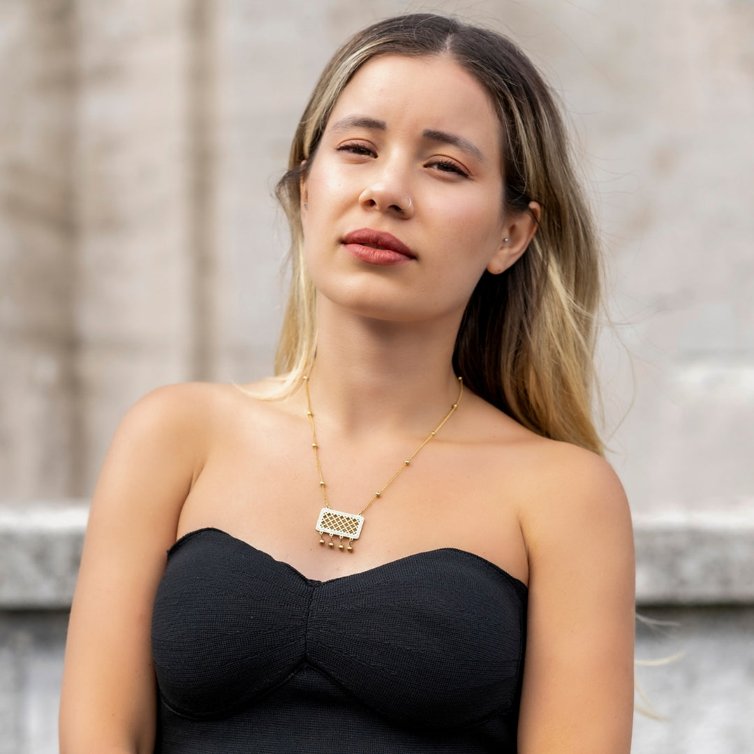 Modern Ethnic Necklace-Gold Chandelier Pendant Vertical London Jewellery