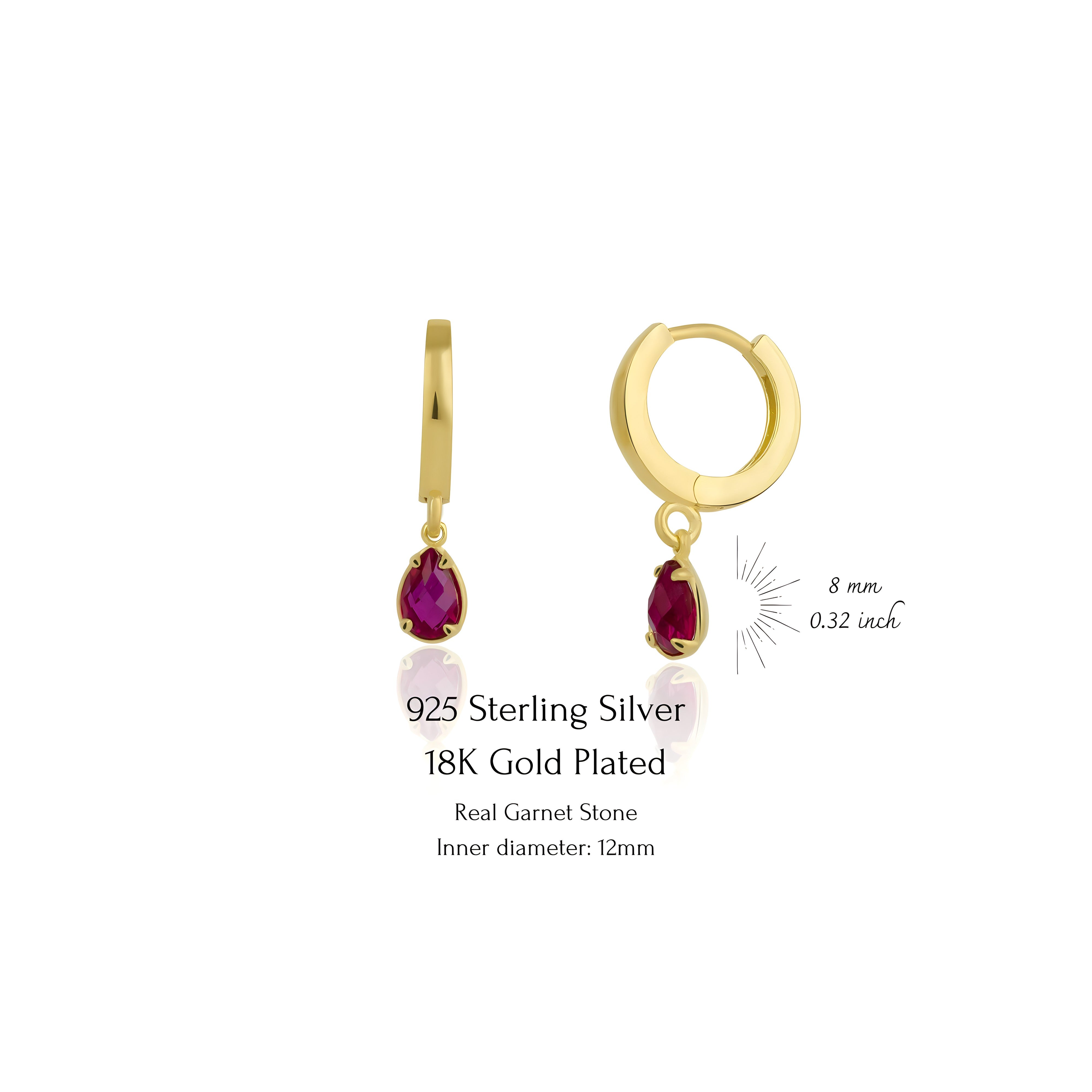 925 Sterling Silver January Birthstone Earrings-Garnet Hoop Earrings Vertical London Jewellery