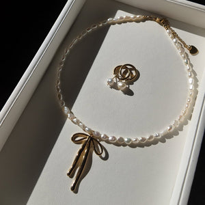 Pearl Bow Choker Necklace Vertical London Jewellery