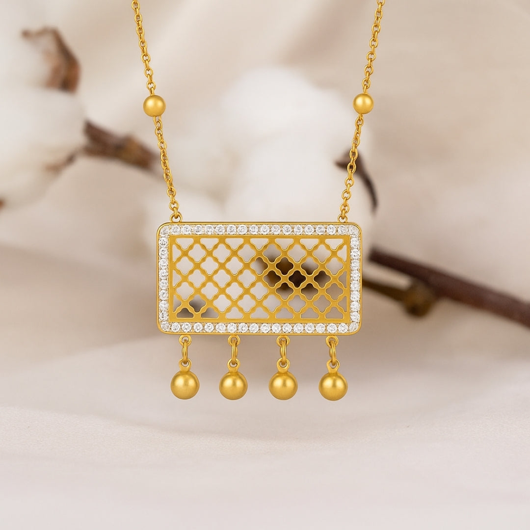 Modern Ethnic Necklace-Gold Chandelier Pendant Vertical London Jewellery