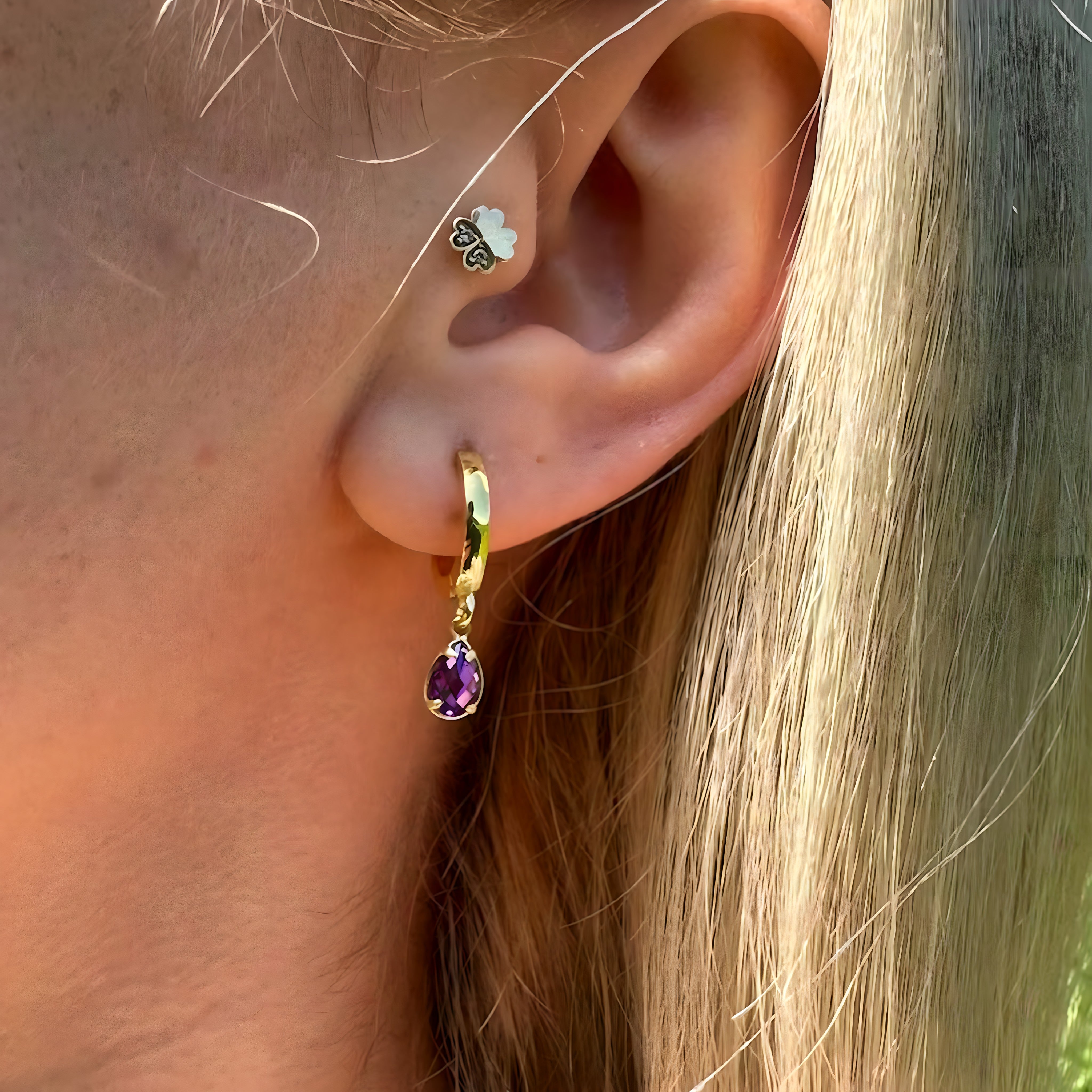 925 Sterling Silver February Birthstone Earrings-Amethyst Hoop Earrings Vertical London Jewellery
