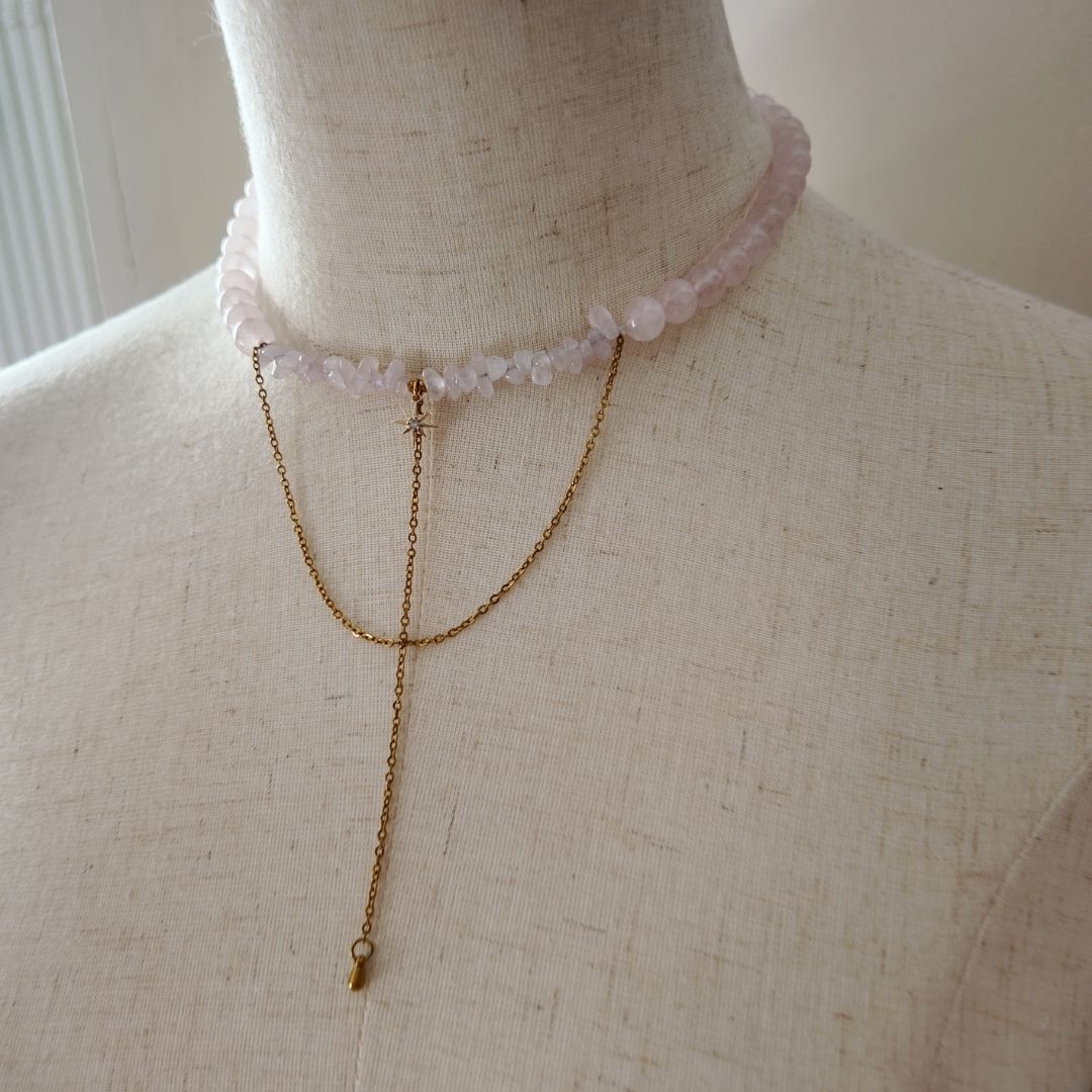 Handmade Rose Quartz Choker with Zircon Star Pendant Vertical London Jewellery
