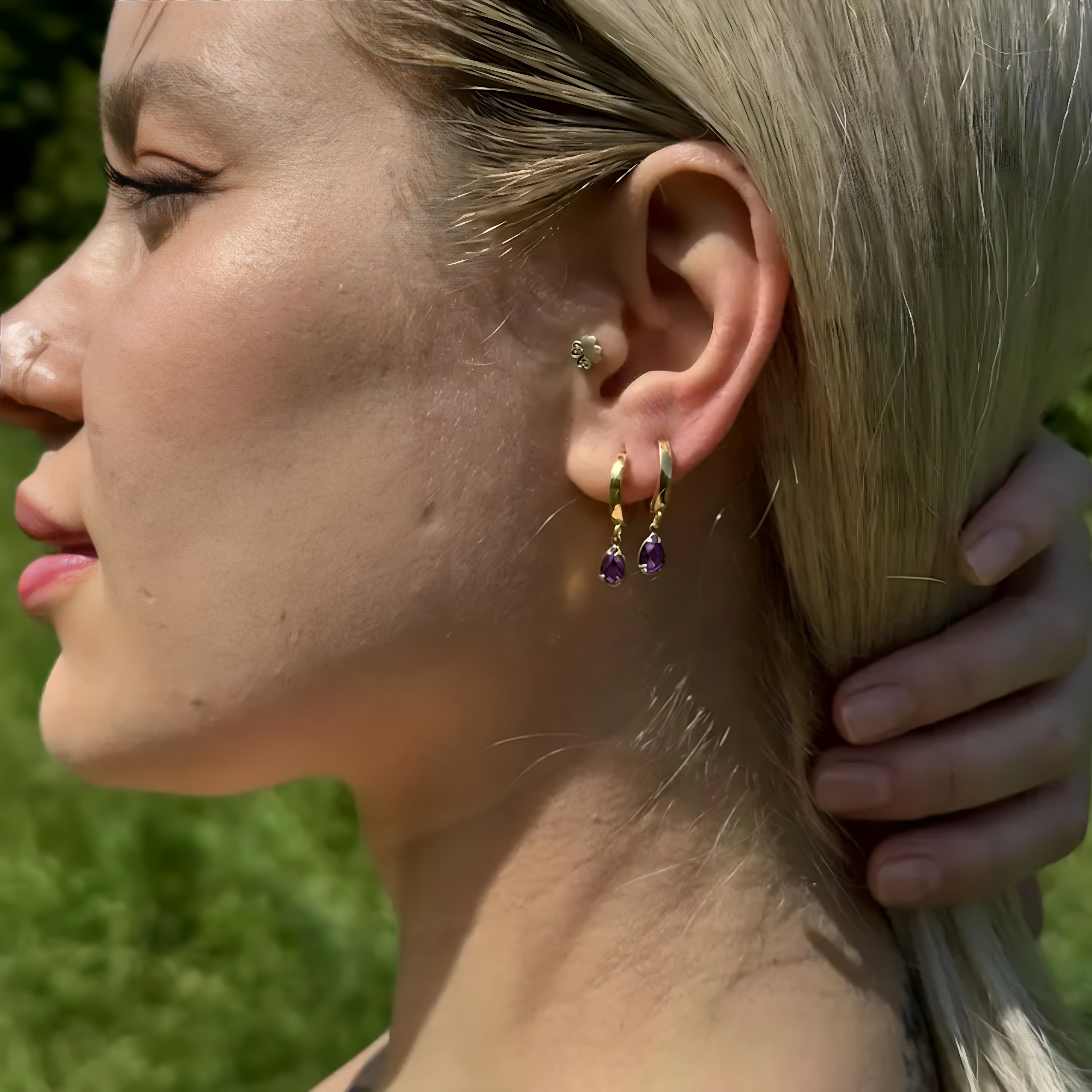 925 Sterling Silver February Birthstone Earrings-Amethyst Hoop Earrings Vertical London Jewellery