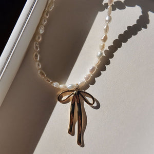 Pearl Bow Choker Necklace Vertical London Jewellery