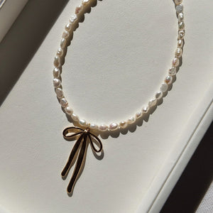 Pearl Bow Choker Necklace Vertical London Jewellery