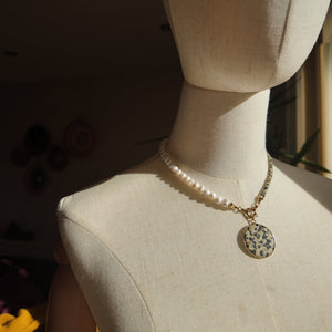 Dalmatian Jasper & Natural Freshwater Pearl Necklace Vertical London Jewellery