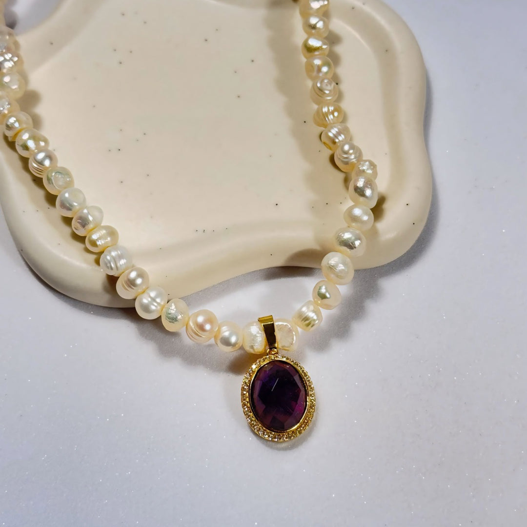 Freshwater Pearl with Amethyst Necklace Vertical London Jewellery
