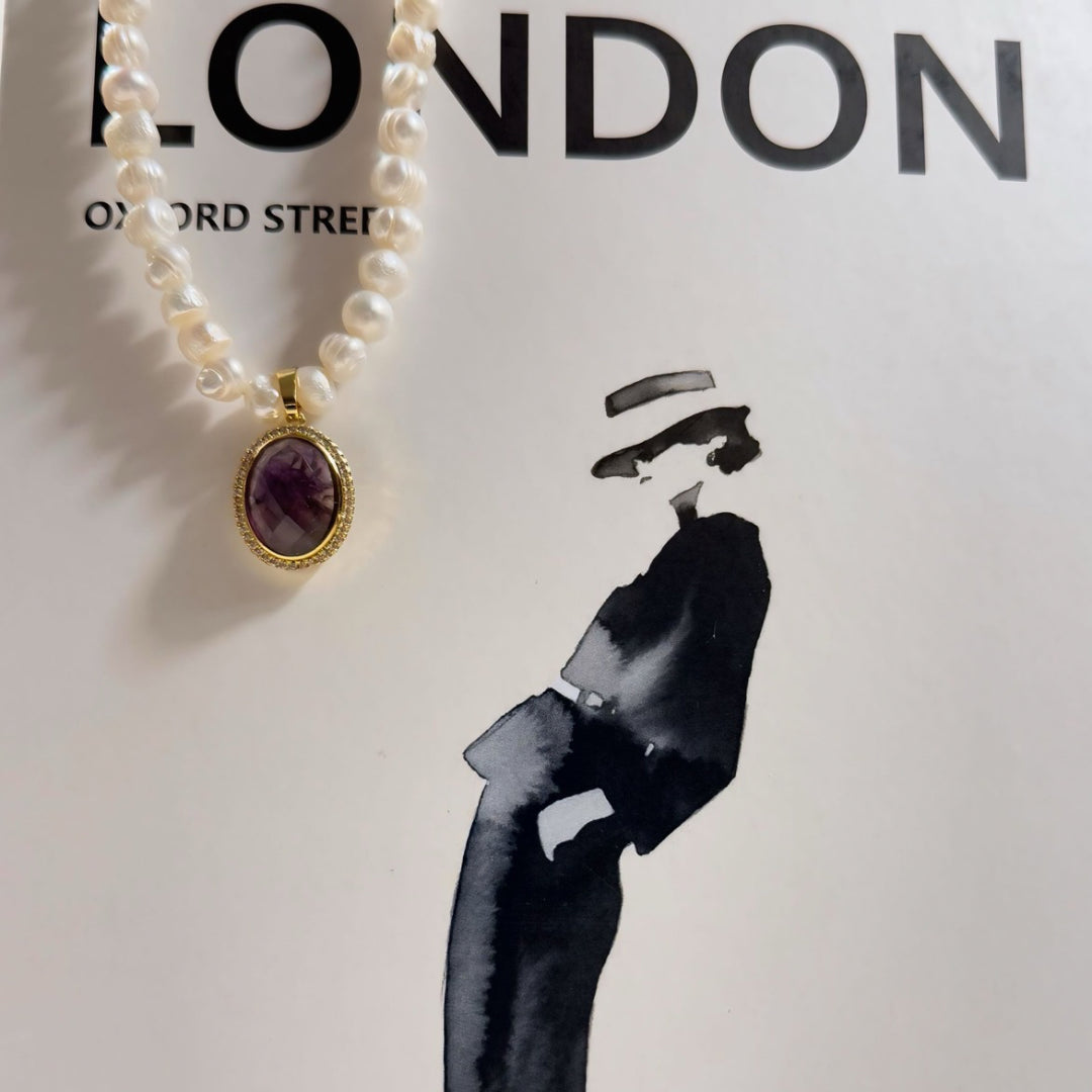 Freshwater Pearl with Amethyst Necklace Vertical London Jewellery
