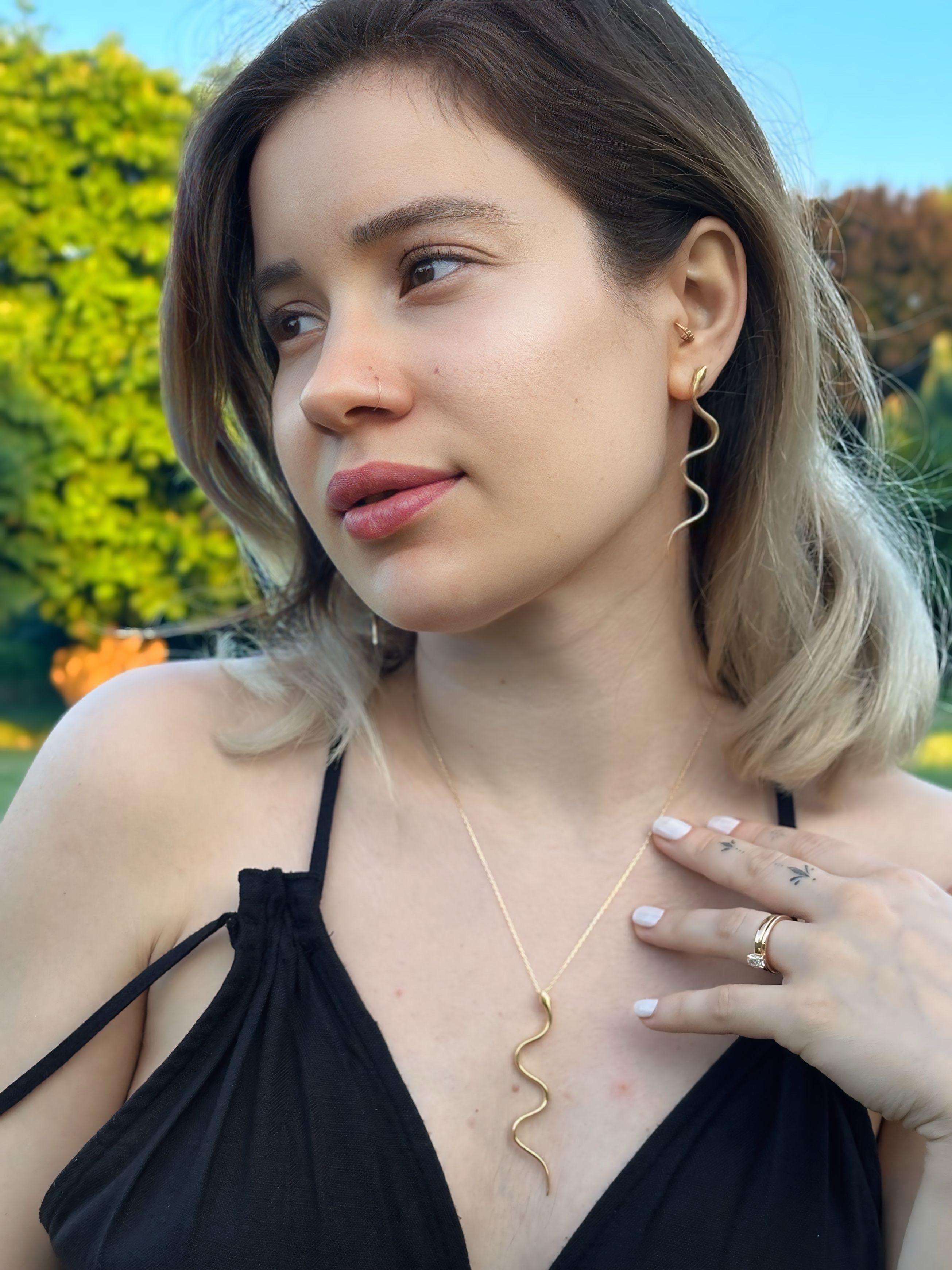 925 Sterling Silver Gold Snake Necklace and Earrings Set Vertical London Jewellery