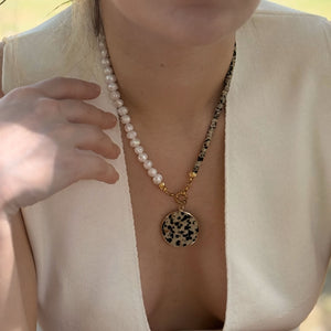 Dalmatian Jasper & Natural Freshwater Pearl Necklace Vertical London Jewellery