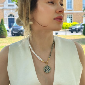 Dalmatian Jasper & Natural Freshwater Pearl Necklace Vertical London Jewellery