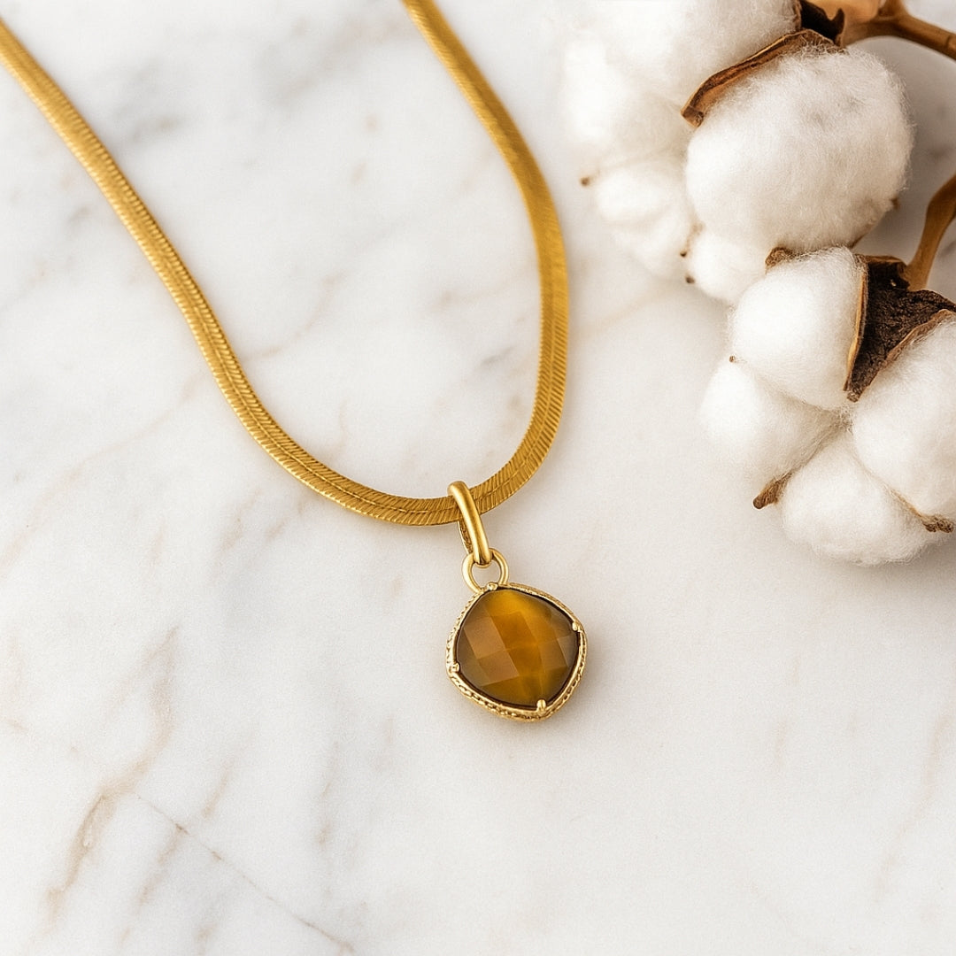 Tiger's Eye Minimalist Gold Necklace Vertical London Jewellery
