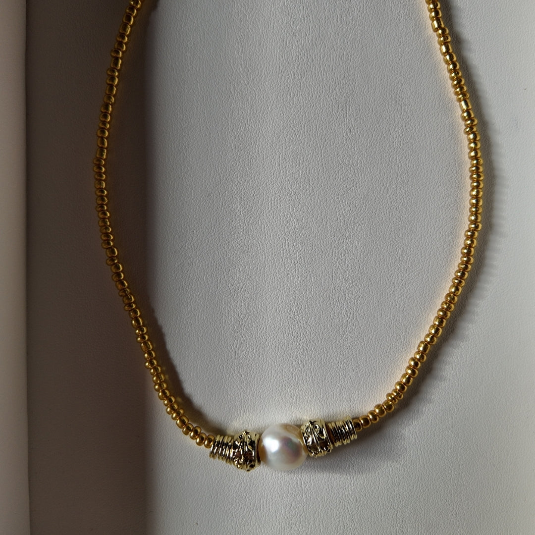 Gold Beaded Necklace with Semi-Baroque Pearl