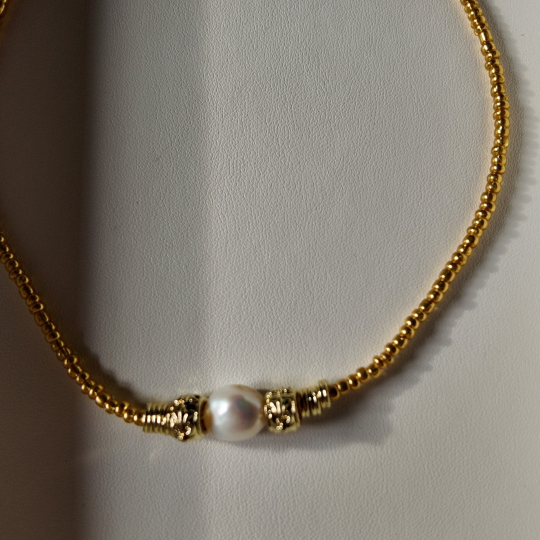 Gold Beaded Necklace with Semi-Baroque Pearl