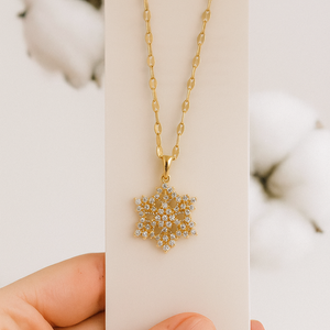 Gold Snowflake Spinning Pendant Necklace Vertical London Jewellery