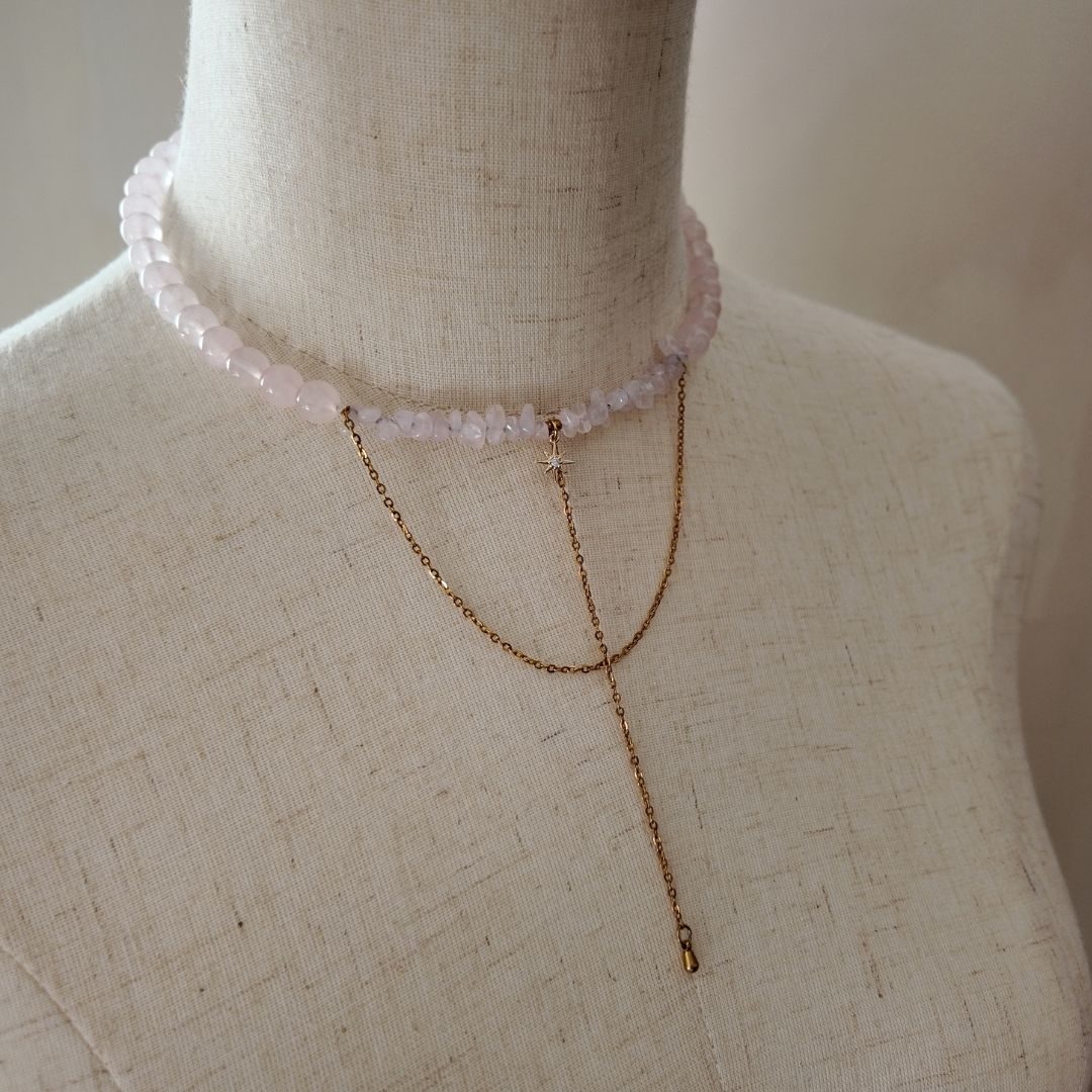 Handmade Rose Quartz Choker with Zircon Star Pendant