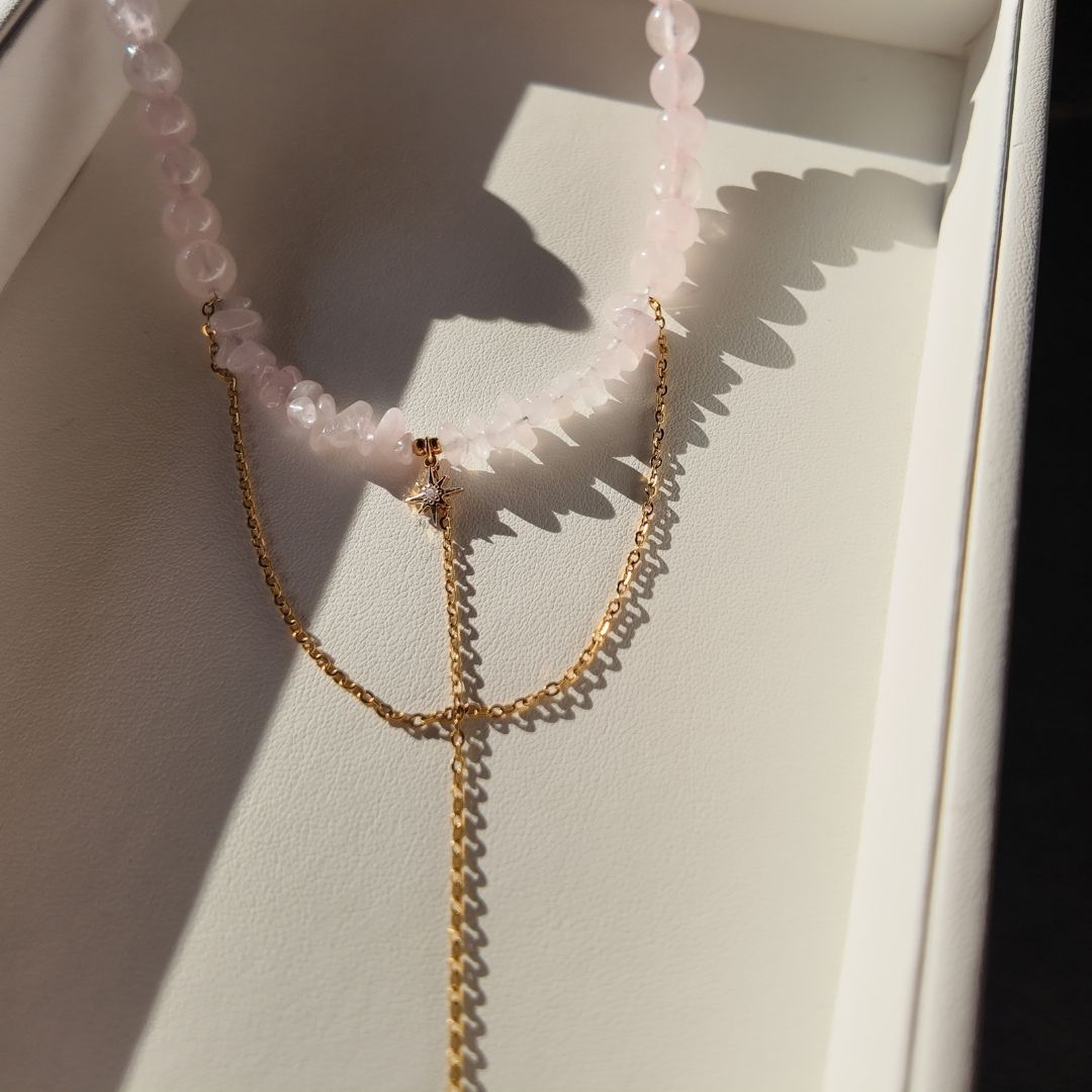 Handmade Rose Quartz Choker with Zircon Star Pendant