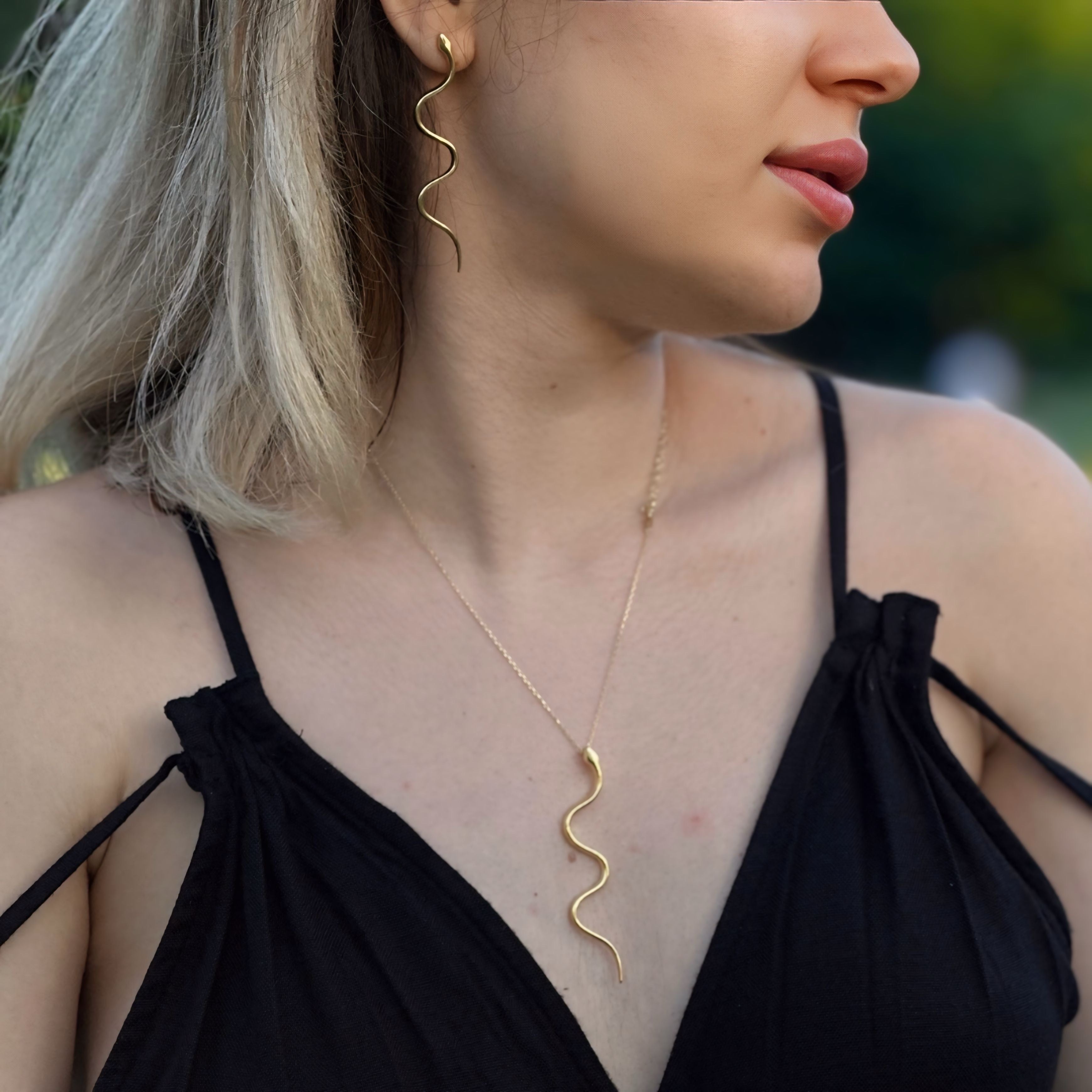 925 Sterling Silver Gold Snake Necklace and Earrings Set