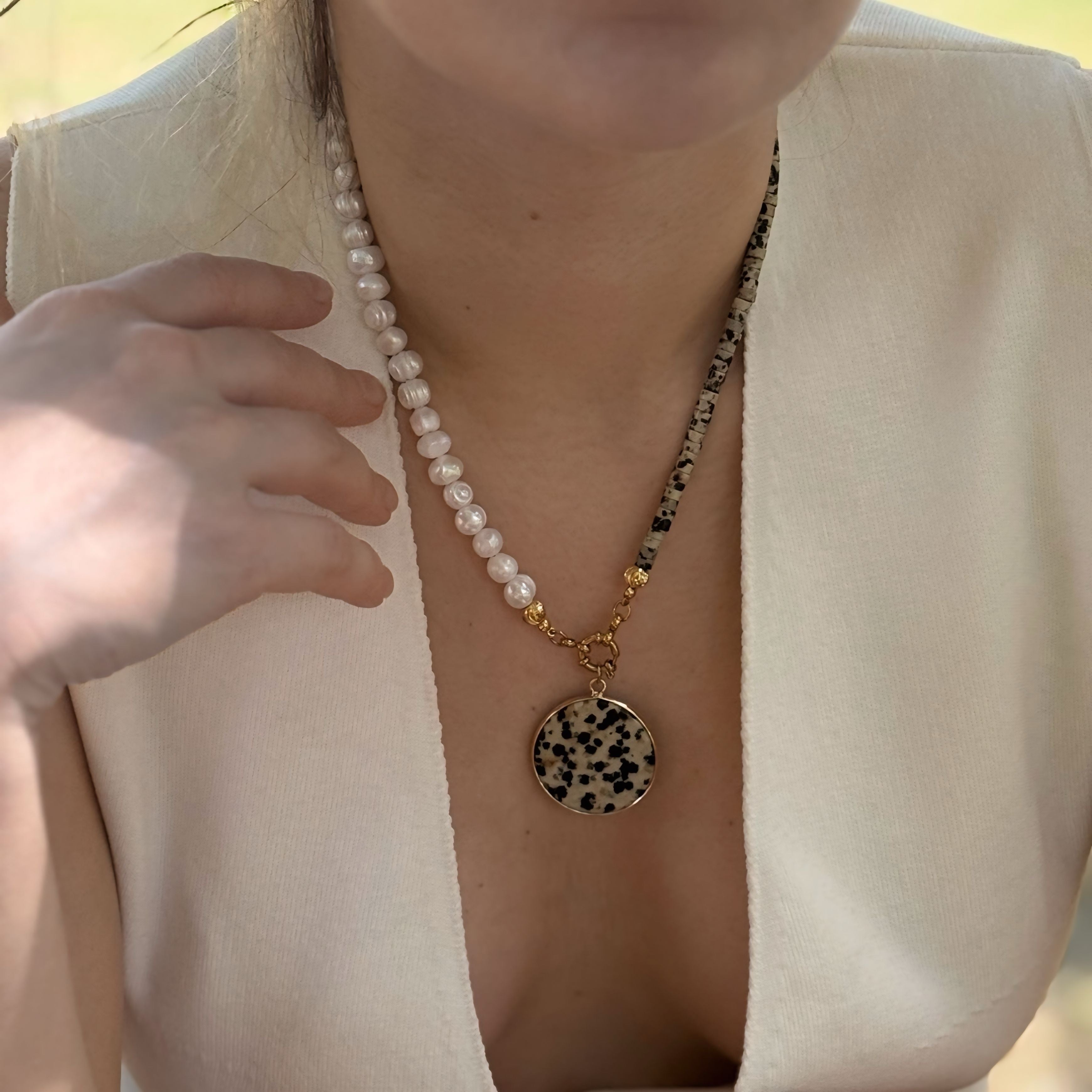 Dalmatian Jasper & Natural Freshwater Pearl Necklace